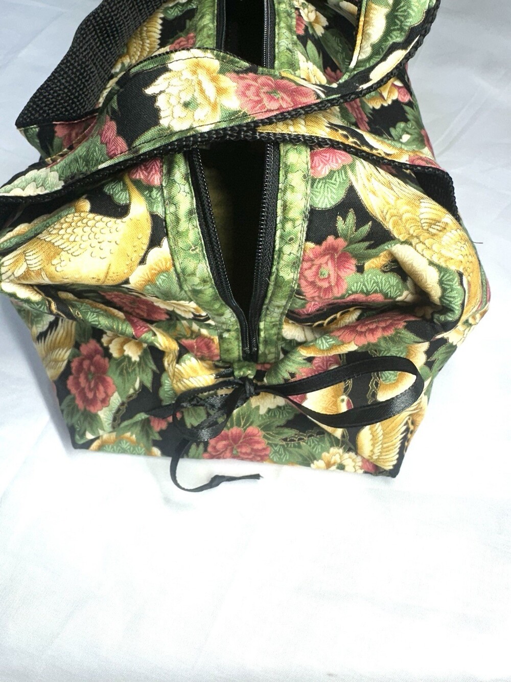 Artisan Quilted Floral Bag Asian Crane Phoenix Bird Peony Pattern Tote - Picture 3 of 8